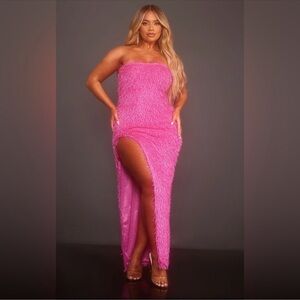 PLT Shape Hot Pink Faux Feather Glitter Bandeau Split Side Maxi Dress -  NWT